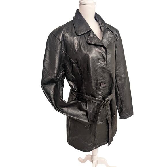 Canyon Creek Vintage Black Leather Belted Button-Up Women's Coat Jacket Patch XL - Picture 1 of 5